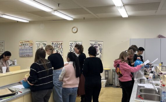 Der Unterricht der Verbraucherbildung: Frau Drechsler mit ihrem Kurs in der Schulküche